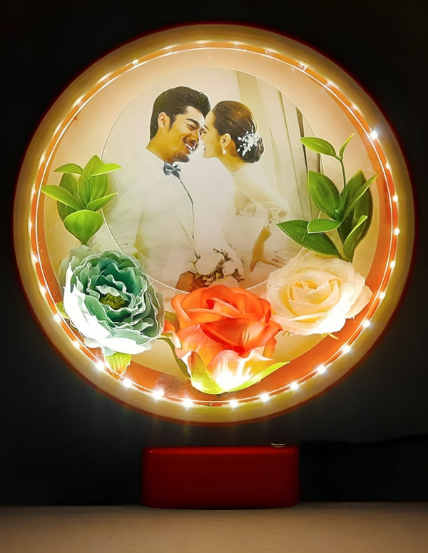 Customized Round LED Photo Frame with Flowers | Romantic Gift for Couples, Wedding & Anniversary